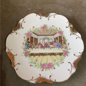 Vintage Jesus The Last Supper Decorative Plate 18 K Gold Trim MCM Made in Japan